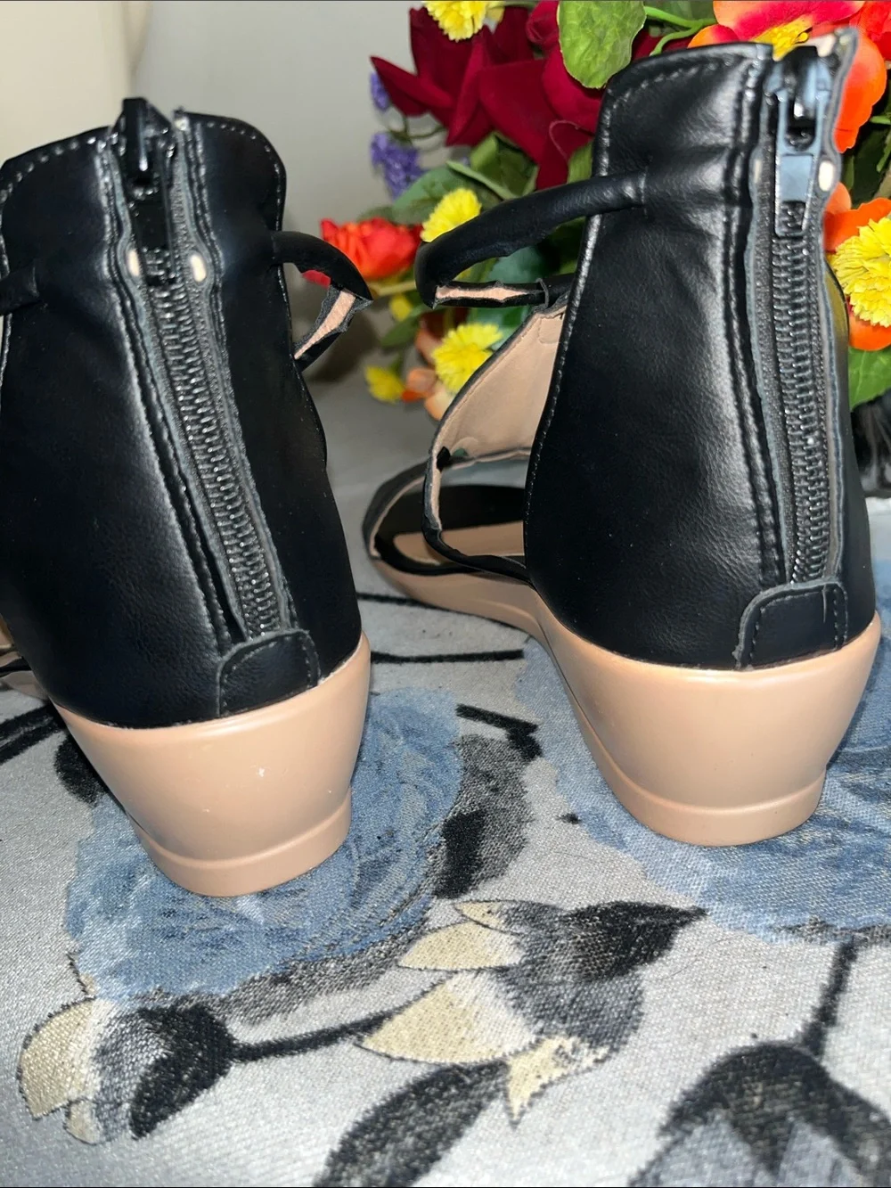 Women's Black Ankle-Strap Low Wedge Sandals